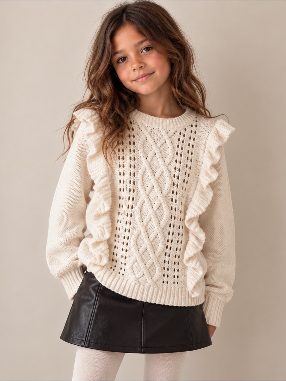Girls' Cream Cable Knit Ruffle Sweater ~ size 5-6